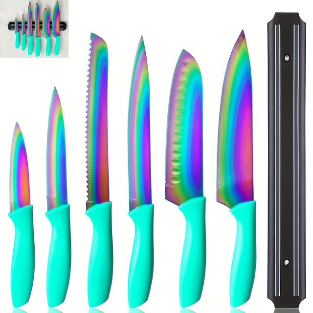 TEMU 7pcs Kitchen Knife Set, Professional Kitchen Chef Knife Set With Sharp High Carbon 7cr17mov Stainless Steel Blade And Ergonomically Handle, Colorful Titanium Knife Set With Magnetic Knife Holder