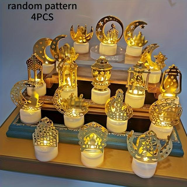 TEMU 4 قطع أضواء LED مزخرفة لرمضان وعيد الفطر بنقوش عشوائية - فانوس صغير مصباح ليلي على شكل نجمة وقمر وقلعة ومصباح طاولة مع بطارية متضمنة للاستخدام الداخلي والخارجي كهدية لحفلات المنزل