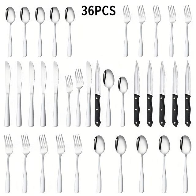TEMU 36-teiliges Edelstahl Besteckset, Spiegelpolierter Familien- und Hotelbesteck mit Geschenkbox für 6 Personen, Langlebig, Spiegelpoliert, Spülmaschinenfest, für Partys, Hochzeiten, , Besteckset
