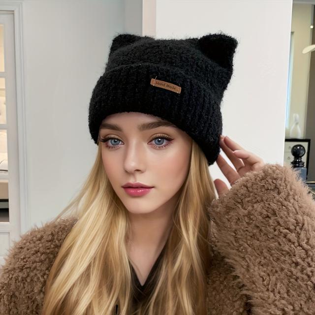 TEMU Eine süße Damenmütze mit Lederetikett und Cartoon-Tierohren, hergestellt aus plüschigem Kunstlederkaninchen. Diese dicke, warme und stylische Mütze ist für Outdoor-Aktivitäten und den .