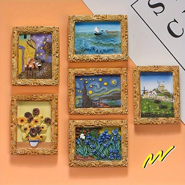 TEMU 6pcs Van Gogh Inspired Fridge Magnet Set - Starry Night & Sunflowers, 3d Artwork Designs, Cute Kitchen Decor