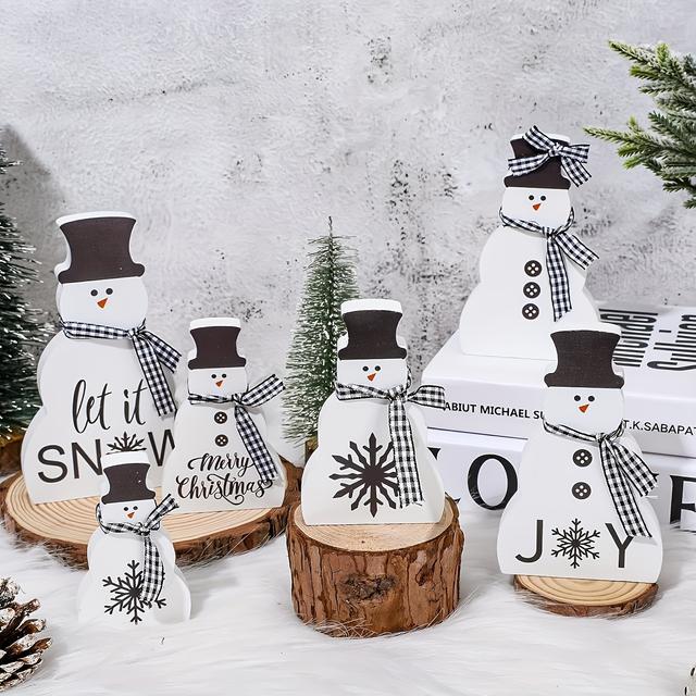 TEMU 6pcs Winter Snowman Wooden Decorations Black White Farmhouse Tiered Tray Decor With Ribbon Centerpiece Block For Mantel Fireplace Home Party Supplies, Non-food Contact