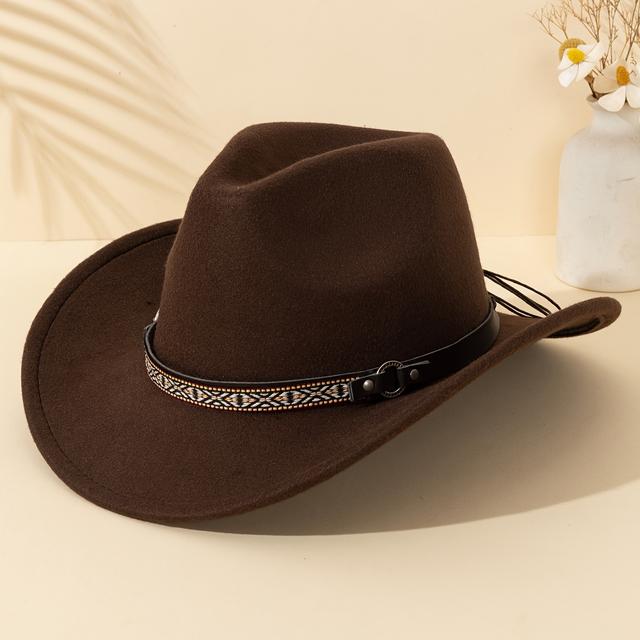 TEMU A Single-color Unisex Cowboy Felt Hat Featuring A Vintage Ethnic-style Belt Embellishment