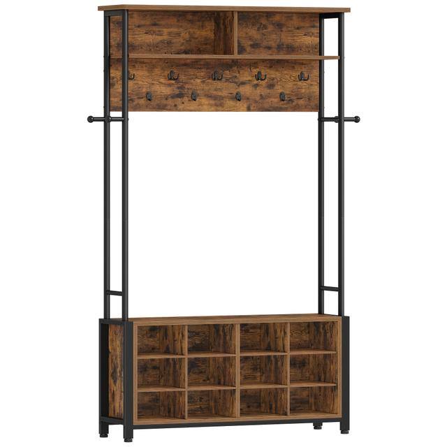 TEMU Coat Rack With Shoe Bench, Coat Rack With 13 Hooks, 14 Open Compartments, Adjustable Shelves, Clothes Rack For Hallway, Entrance Area, 108 X 31 X 187cm, -black/oak-white