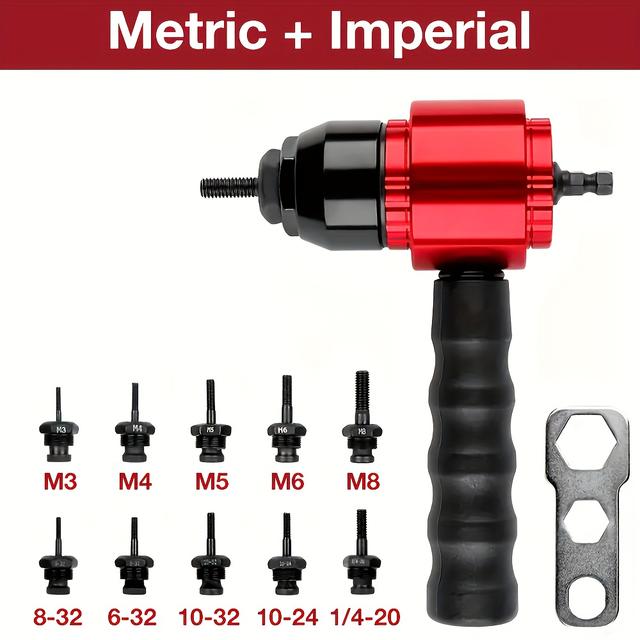 TEMU Inch + Metric Rivet Nut Gun Set, Household Cordless Electric Rivet Nut Gun Adapter, Insert Nut Tool Rivet Gun, 1/4-inch Hexagon Handle Interface 1/4 10-24 10-32 6-32 8-32 / M3 M4 M5 M6 M8