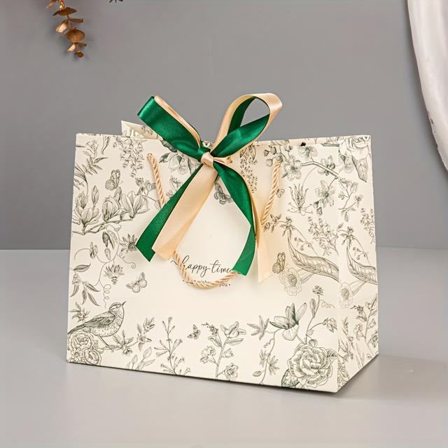 TEMU 10개 빈티지 플로랄 선물 가방, 네이비 블루 & 골든 새틴 리본 보우 - 결혼식, 생일, 휴일에 사용하는 우아한 화이트 페이퍼 가방 - 소매점 및 개인 선물용 고품질 장식 포장, 개인 선물 가방| 종이 선물 가방