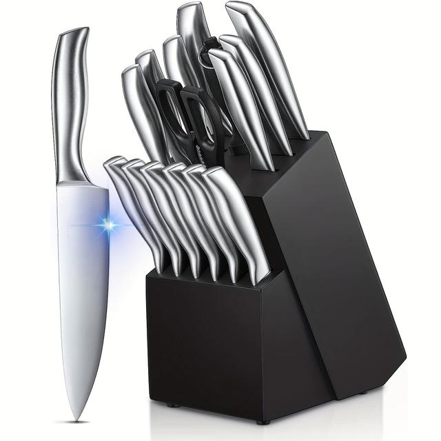TEMU Knife Set, 16pcs Stainless Steel Kitchen Knife Set With Wooden Block, Sharp And Kitchen Knife Set With Knives, Steak Knives, Scissors, Sharpener