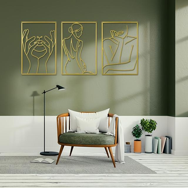 TEMU Un set di tre decorazioni da parete dorate, da parete in metallo, decorazioni dorate per , astratta minimalista a linee di donne per pareti del soggiorno, e focali per soggiorni e bagni