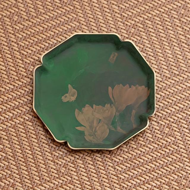 TEMU 1개 빈티지 브라스 코스터, 팔각형, 빈티지 그린, 트레이, 보온 패드, 데스크탑 장식, 소품 보관용. 꽃 요소가 있는 그린 컬러로 예술적인 감각을 더합니다