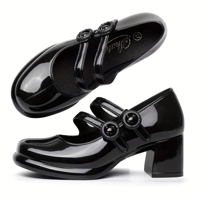TEMU Women's Fashionable Black Shoes Korean Style Glossy 5cm High Heels Comfortable Non-slip Rubber Student Black Shoes Office Black Shoes Suitable For Outdoor Wear 0120523, Women Shoes