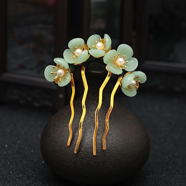 TEMU 1pc Green Jade Flower Hair Pin, Chinese Hair Stick Jade Hairpin, Retro Pin Traditional Classical Flower Hair Chopstick Hair Styling Accessories For Women
