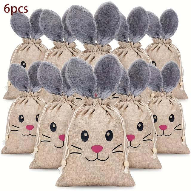 TEMU 6pcs Easter Linen Drawstring Burlap Bags With Cute Bunny Ears Gift Packaging Bags Suitable For Easter Gifting