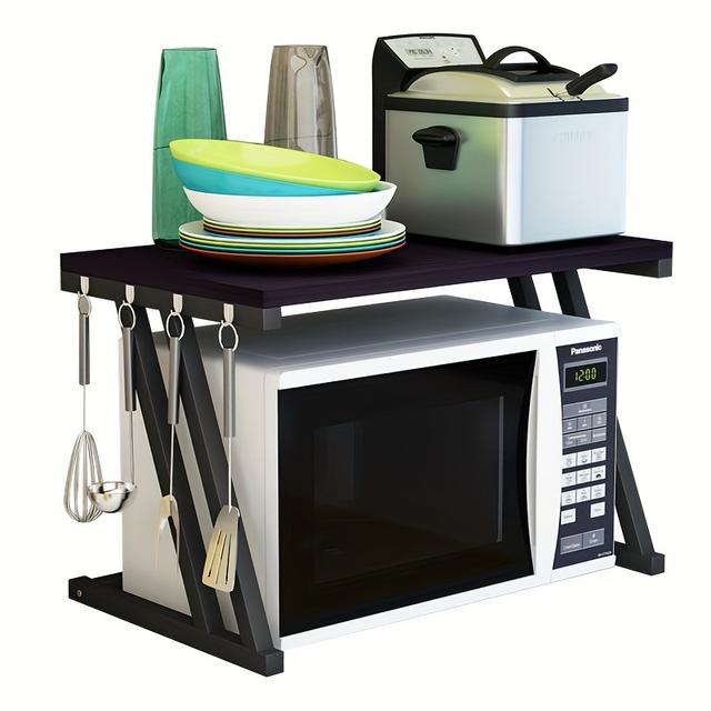 TEMU Étagère micro-ondes à niveaux, étagère de rangement de cuisine en bois, organisateur d'épices compact avec crochets, support en métal, solution de rangement de comptoir.