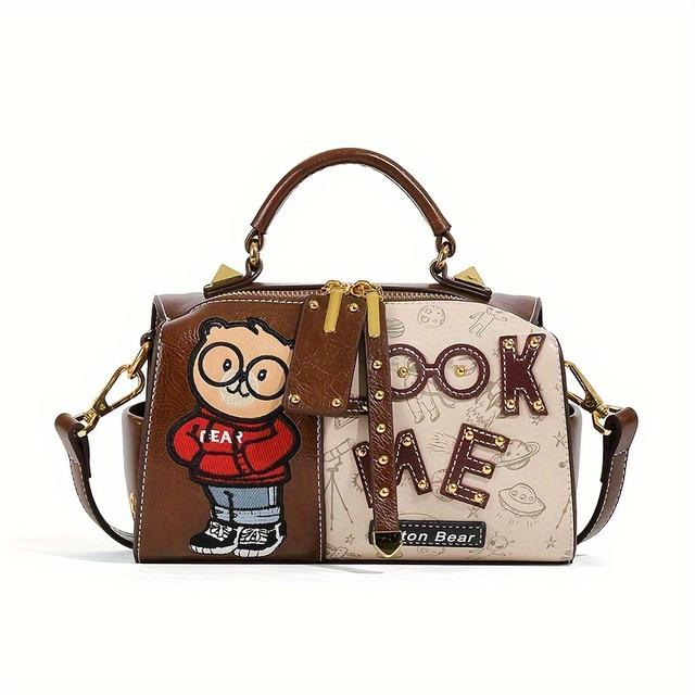 TEMU Torba damska Boston z nadrukiem kreskówkowego misia w stylu vintage, duża pojemność |, haftowana, z odpinanym paskiem, zapięciem na zamek błyskawiczny, podszewką, jasnobrązowa