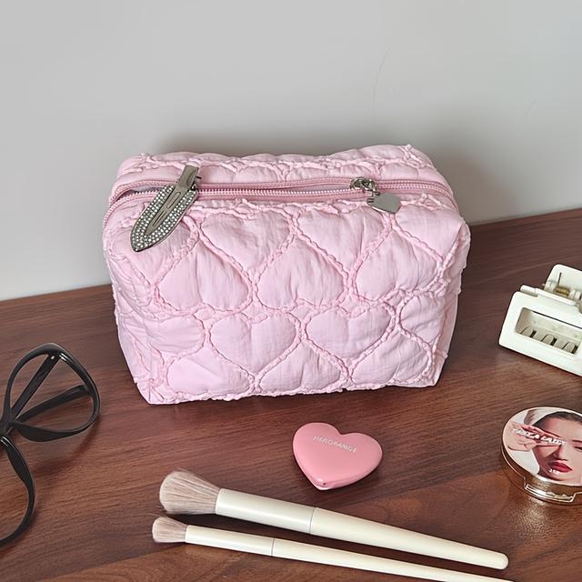 TEMU Aesthetic Quilted Makeup Bag, Soft Velvet Touch Cosmetic Pouch, Small Travel Toiletry Bag, Cute Gift For Women Students