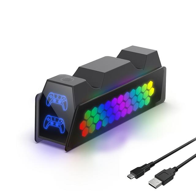 TEMU محطة شحن جهاز التحكم متوافقة مع وحدات التحكم وEdge لجهاز PS5، محطة شحن بمؤشر LED، حامل شحن لاسلكي مزدوج لجهاز PlayStation 5 مع غطاء حماية