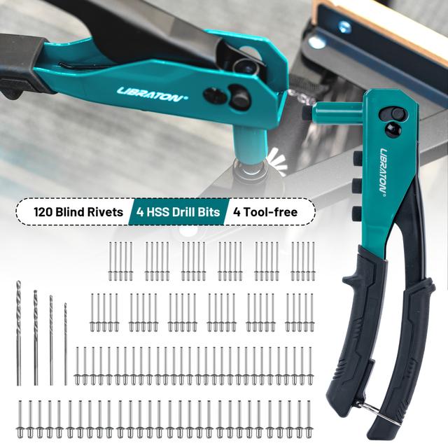 TEMU Kit de Pistola para Remaches 126 piezas, Herramienta Manual Resistentes con 120 Rivets Ciegos, 4 Brocas HSS, 4 Cabezales Intercambiables sin Necesidad de Herramientas