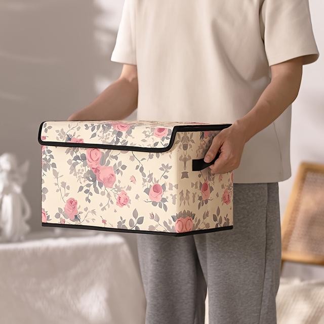 TEMU Rosa Rosenmuster bedruckte Aufbewahrungsbox mit Griffen, geeignet für Schrankorganisation und Unterbettlagerung, ideal zur Aufbewahrung von Kleidung, Decken und Spielzeug