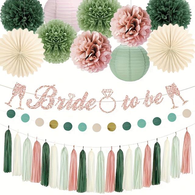 TEMU Party Decoration Set, Bachelorette Party Supplies, 'bride To Be' Banner, Sage Green Paper Pom Poms, Paper Fans, Paper Lanterns, Paper Tassel Garlands, Bridal Shower Decorations