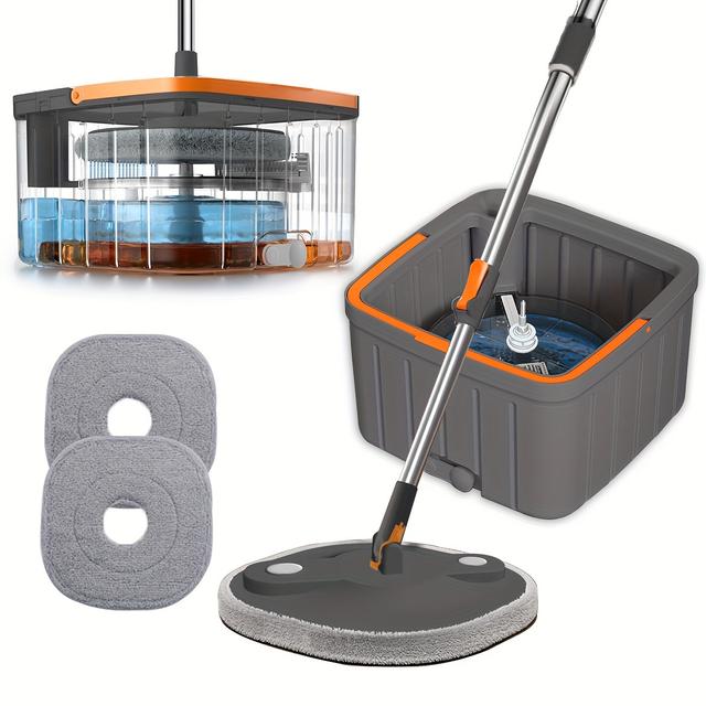 TEMU Complete Mop And Bucket Set With 2 Microfiber Pads - Easy Wring, For Home & Outdoor Use - Stainless Steel, Pp & Abs Materials
