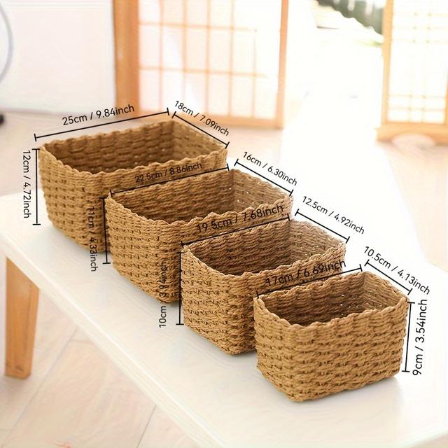 TEMU 4pcs Paper Rope Storage Bins Set, Vintage Style Multipurpose Organizer - Durable, Easy-to-use For Clothing, Desktop, Cosmetics, And Home Organization