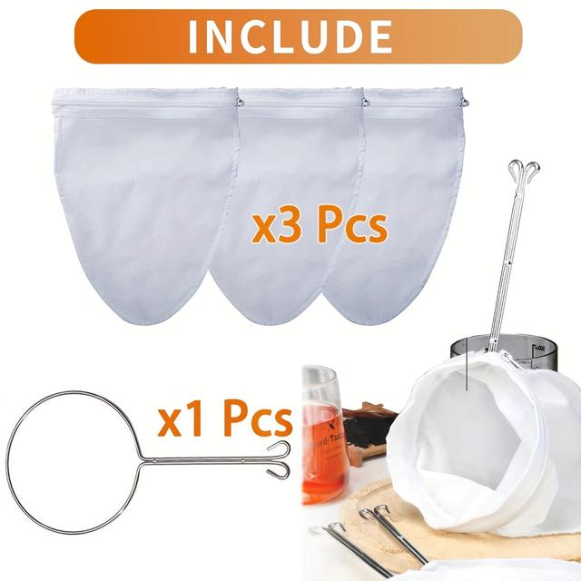 TEMU 2/4pcs Ultra Fine Mesh Strainer Bags With Zipper And Stainless Steel Handle, Ultra Fine Mesh Strainer Bags, For Filter Nut Milk, Coffee, Juices, Coffee, Milk, Butter And Fresh Cheese