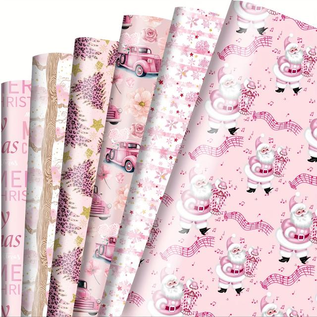 TEMU 12er-Pack 20 x 28 Zoll Weihnachtsgeschenkpapier-Bundle - 12 Blatt mit 6 rosa Weihnachts-Elementen-Druck für Frauen, Mädchen, Jungen - Vintage Weihnachtsmann für Feiertage Weihnachten