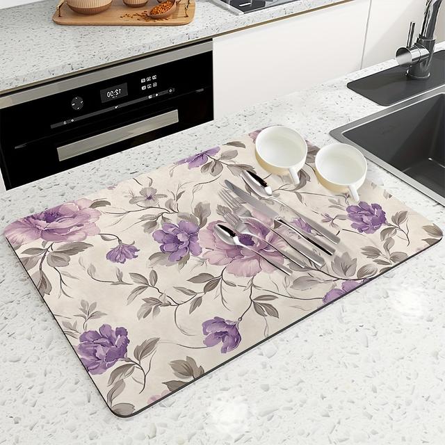 TEMU 1枚の食器乾燥マット、水彩植物の花柄吸収パッド、キッチン排水パッド、ティーパッド、コーヒーパッド、トイレ吸収パッド、キッチン用具乾燥パッド、食卓保温パッド、キッチンやレストラン用のキッチンアクセサリー
