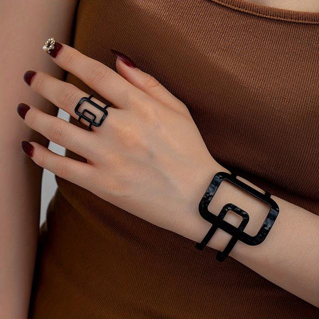 TEMU A Set Of Sweet And Thick Large In Golden, Black, And Silvery , Including An Open-ended Bracelet And A Ring Set For Ladies.