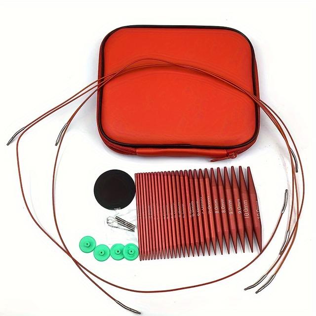 TEMU 39pcs Matte Red Circular Knitting Needle Set With Detachable Cords, Suitable For Changing Yarn, Includes U-shaped Needles And Tools For Knitting