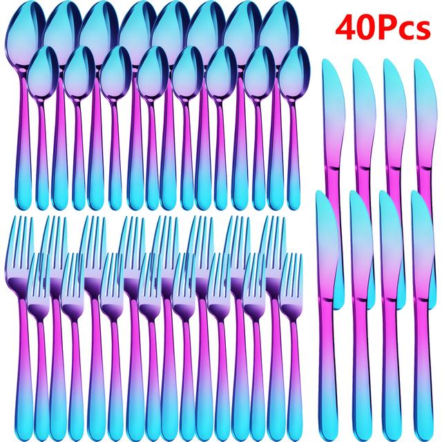 TEMU A Set Of 40pcs Of Basic Colored Tableware, Including Stainless Steel Knives, Forks, And Spoons, Designed For 8 Individuals. It Features A Round- Design And In A Silvery End