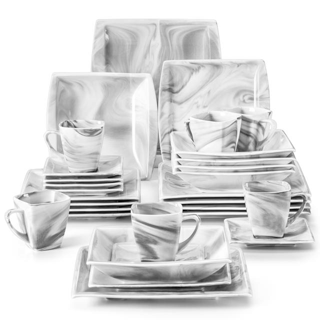 TEMU 30pcs Dinner Set Marble Grey Porcelain Dining Set With Dinner Plates Soup Plates Dessert Plate Cup & Saucer Service For 6