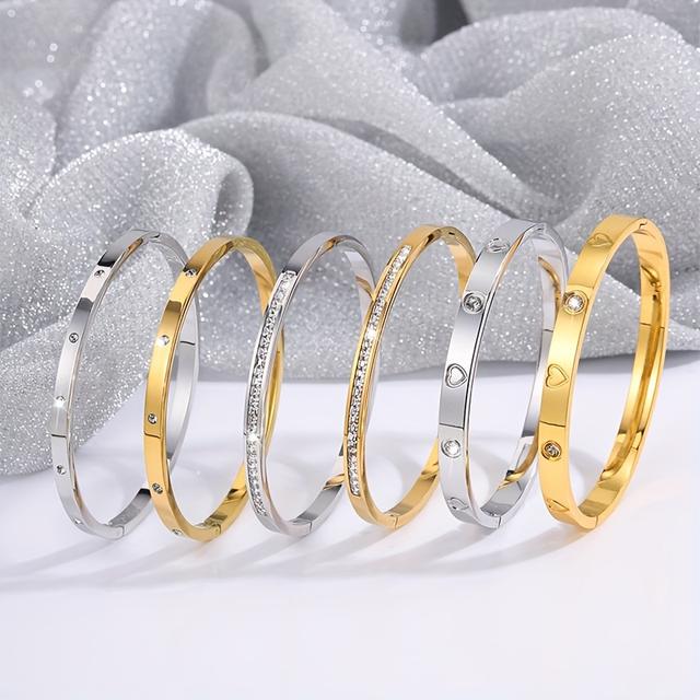 TEMU 6pcs Simple Classic Stainless Steel Glossy Inlaid Synthetic Zirconia Bracelet Combo Set Durable Suitable For Daily Stacking Holiday Gifts