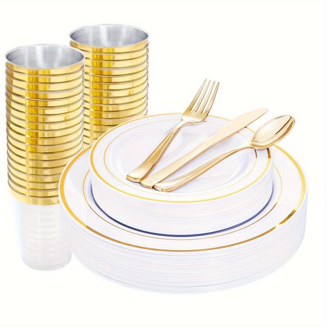 TEMU 96 Pcs Golden Plastic Plates, Disposable Golden Silverware And Cups, Golden Dinnerware Set, Includes: 16 Dinner Plates 10.25", 16 Dessert Plates 7.5", 16 Cutlery For Party