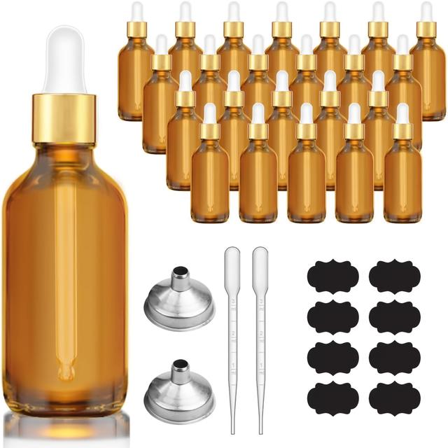 TEMU Sada 24 ambrových skleněných lahviček s kapátkem, každá 1/2 Oz (30/50 ml), kompletní se zlatými víčky, štítky, trychtýřem a pipetami pro měření. Ideální pro skladování esenciálních olejů.