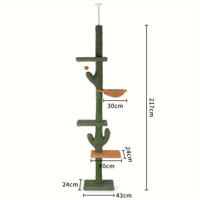 TEMU Cactus Cat To Ceiling Cat Tower | Adjustable Height 229cm-275cm, 4 Tiers With Cozy Hammock, Platforms, Dangling Balls, Sisal Rope, Green - Kehot