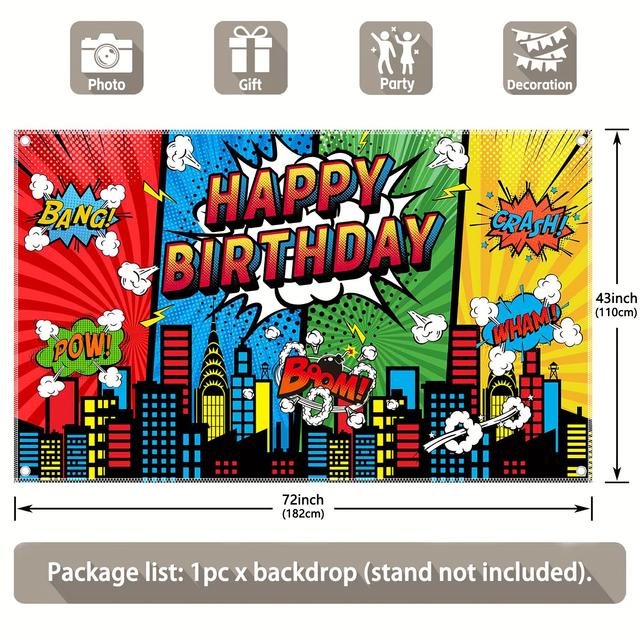 TEMU [2d Flat]1pcs 72x43inch, Superhero Theme Birthday Polyester Photography Backdrop, Comics City Background, Party Decorations Banner, 2d Flat, Not Or Real Model, Cake Table Photo Booths