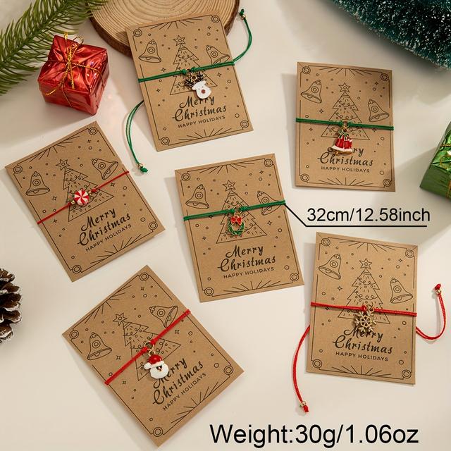 TEMU 6pcs Christmas Charm Bracelet Set With Santa, Reindeer & Enamel Pendants - Zinc Alloy Stackable Wristbands For Women, Gift With Merry Christmas Greeting Cards, Christmas Gifts