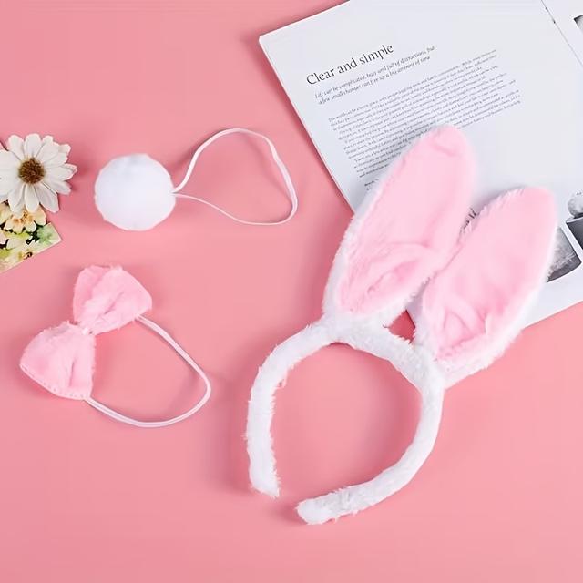 TEMU 3ks Sada Kostýmu Králíčka s Čelenkou s Ušima, Motýlkem a Kuličkovým Ocasem - Doplněk pro Halloweenské a Velikonoční Párty a Role-Play Kostýmy