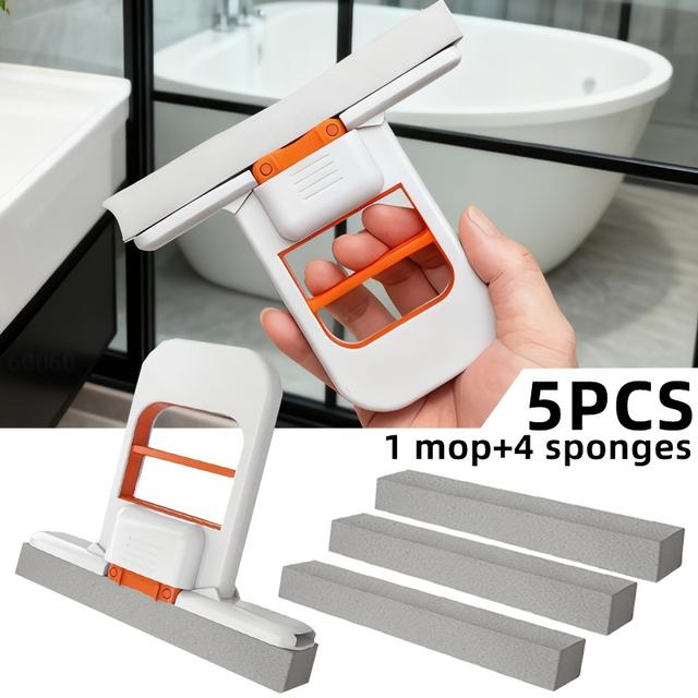 TEMU 5 قطع في المجموعة، 1 ممسحة + 4 رؤوس إسفنج بديلة، ميني للأرضيات، مناسبة للاستخدام الجاف والرطب، مثالية للمطبخ، غرفة المعيشة، الحمام، زجاج السيارة