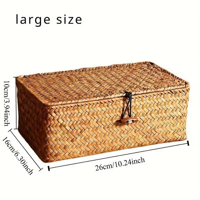 TEMU 1pc Vintage Hand Woven Storage Rack Basket, Makeup Gift Organizer Box, 2pcs Size Options Desktop Miscellaneous Storage Box, Strap Flat Cover Straw Woven Storage Basket