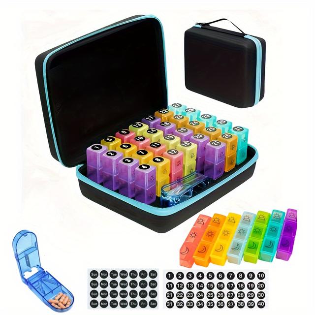 TEMU 31-day Pill Organizer With 31 Compartments, 3 Meals A Day, And Evening Split Rainbow Pill Box - Includes Medicine Cutter And Portable Carrying Case