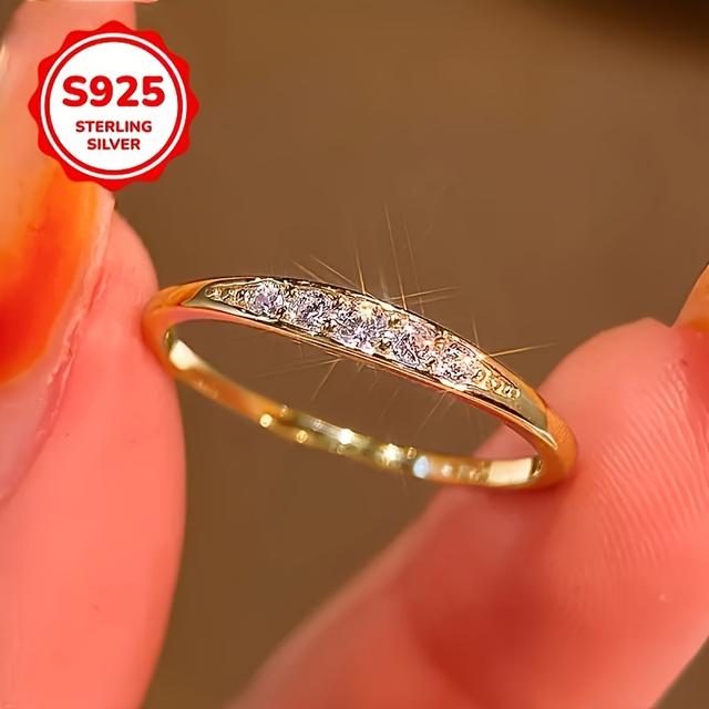 TEMU 925 Sterling Silvery Minimalist Elegant Synthetic Zirconia Ring For Bride, Engagement, Wedding Party, High-end Banquet Jewelry, In