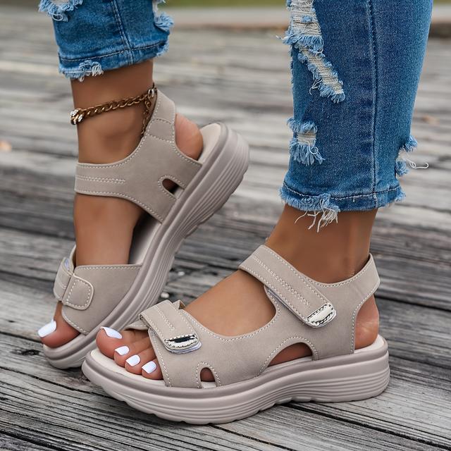 TEMU Non Slip Women's Platform Open Toe Sandals, Solid Color Ankle Buckle Strap Casual Outdoor Shoes