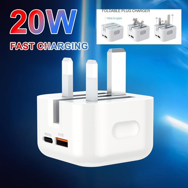 TEMU شاحن USB C، شحن سريع 20W بمنفذين، محول طاقة USBC بريطاني PD + QC، شاحن حائط متعدد النوع C لأجهزة iPhone 17 16 15 14 13 12 11 Pro Max XS XR SE، Galaxy، iPad،