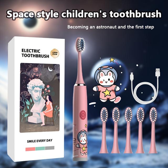 TEMU Cartoon Space Children' 5-speed Usb Interface Electric Toothbrush With Replaceable Ultra Soft Brush Head In 6 Colors, Suitable For Children Aged 3-15, Cute Teeth, Health , Children's Smile Ipx7