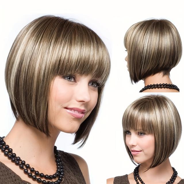 TEMU レディース用 ショートショルダーウィッグ（前髪付き）～耐高温合成繊維・120%高密度・ローズネットキャップ