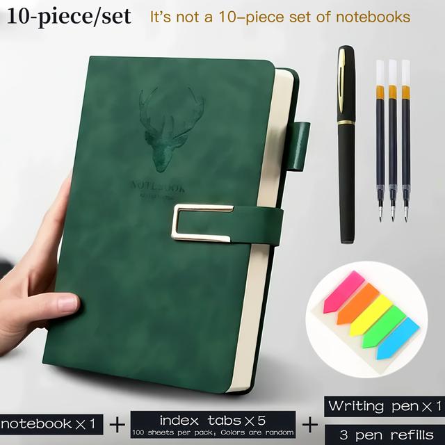 TEMU 10개 세트: 노트북 1개 + 컬러 인덱스 탭 5개 (총 100페이지) + 필기용 펜 1개 + 리필 펜 3개 - A5 노트북 세트, 360페이지 두꺼운 인조 가죽 클래스프, 다양한 색상, 사무실, 회의, 가정, 학습용