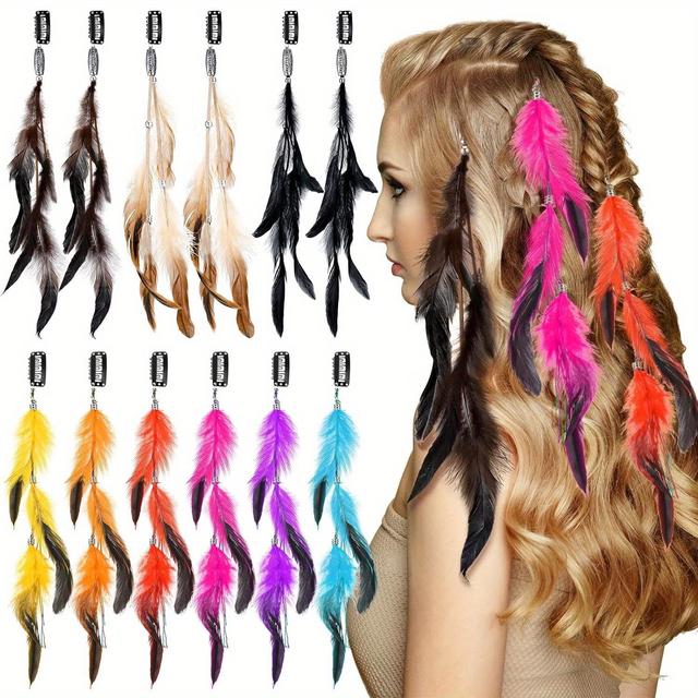 TEMU 12pcs Feather Hair Extensions Colored Clip In Hair Feathers For Women Carnival Cosplay Costume Summer Party Headdress Boho Feather Clip Accessory Gifts (mix Colors)