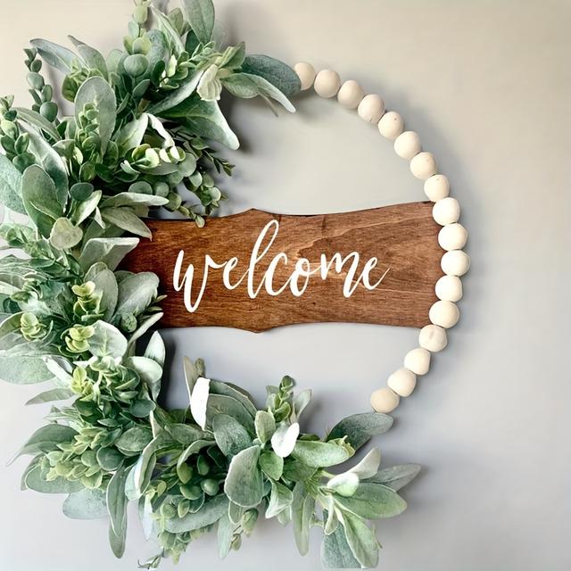 TEMU Welcome Door Wreath - Modern Wooden With Eucalyptus Leaves & Beads, Holiday Decor For 's Day, Christmas, Graduation - Hanging Home Decoration, Wreaths For Front Door, Elegant Script Signage